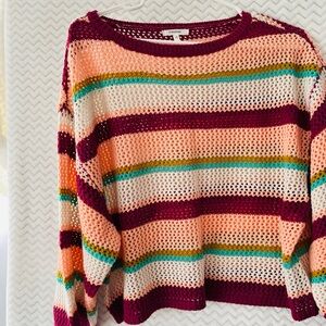 Maurices Red and Orange Crew Neck Sweater Vibrant Stripes